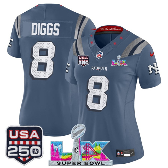 Women's New England Patriots #8 Stefon Diggs Storm Blue 2025 F.U.S.E. Super Bowl LX & USA 250' Patch “Rivalries” Vapor Limited Football Stitched Jersey(Run Small)